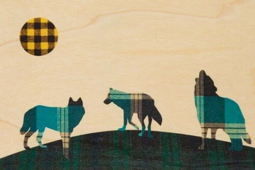 Carte postale en bois - tartan loups
