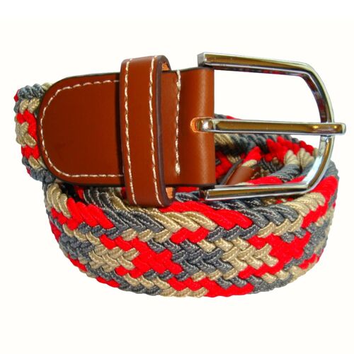 Jagged Stripe Elasticated Woven Belt - Beige, Red and Grey