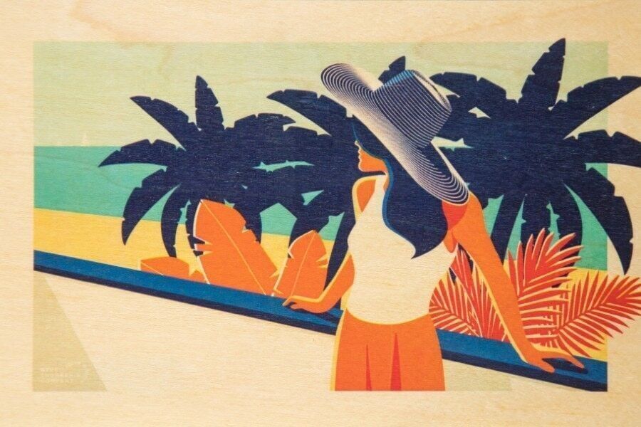 Wooden postcard - riviera palm trees