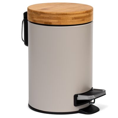 Seau à cosmétiques design Kazai® 3l | Couvercle en bois de bambou avec fermeture amortie | Poubelle à pédale avec pédales anti-empreintes digitales et confort | Gris chaud