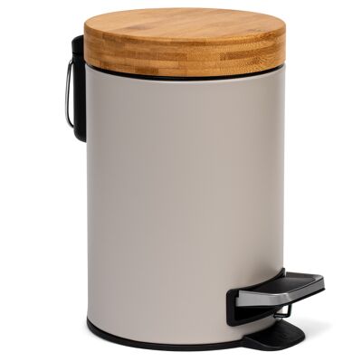Cubo cosmético de diseño Kazai® 3l | Tapa de madera de bambú con cierre suave | Papelera con pedales antihuellas y pedales confort | Gris cálido