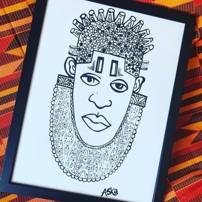 Stampa artistica giclée A2 di ispirazione africana antica IDIA in bianco