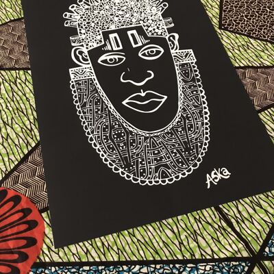 Stampa artistica giclée A3 di ispirazione africana antica Idia in nero
