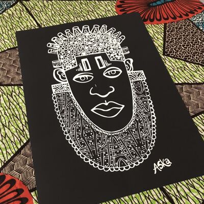 Idia Ancient African inspiré A3 Giclée Art Print en noir