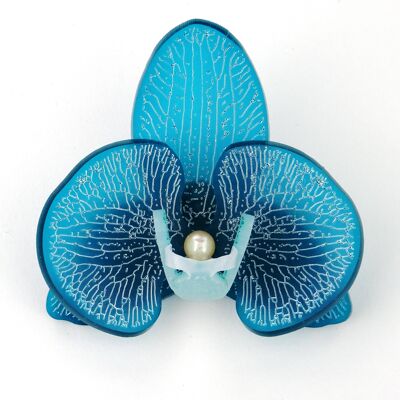 Broche de orquídea 3D pequeño verde azulado francés