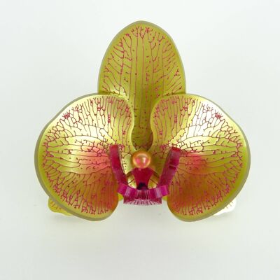 3D Orchideenbrosche Gold & Cerise Klein