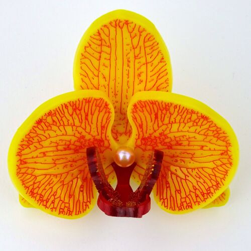 3D Orchid Brooch Blood Red on Tropical Yellow Small