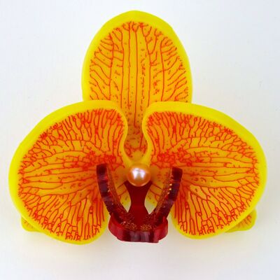 Broche Orchidée 3D Rouge Sang sur Jaune Tropical Petit