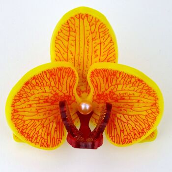 Broche Orchidée 3D Rouge Sang sur Jaune Tropical Petit 1