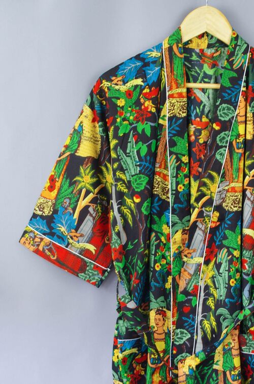 Black Frida Kahlo  Print Long Cotton Kimono Gown Robe