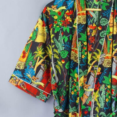 Robe de chambre longue kimono en coton noire à imprimé Frida Kahlo