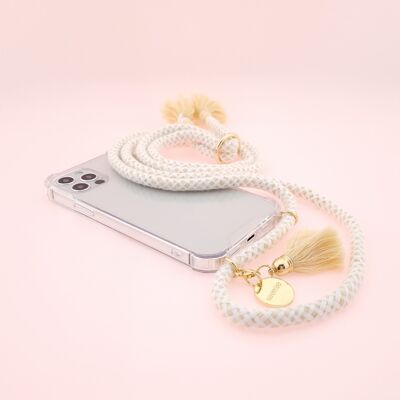 Cadena de teléfono móvil COCO - funda transparente con cordón de algodón suave y borlas