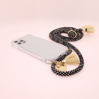 Chaîne de téléphone portable LUNA - couverture transparente avec un cordon en coton doux et des glands