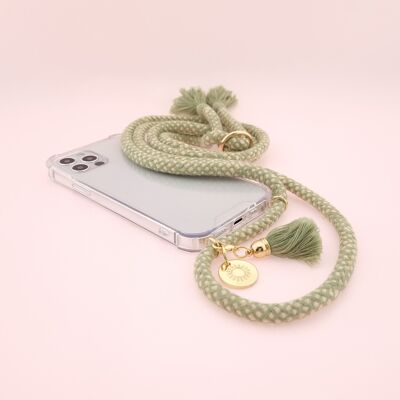 Cadena de teléfono móvil YUCCA - funda transparente con cordón de algodón suave y borlas