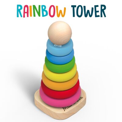 RAINBOW TOWER: Wooden pyramid, Stacking rings, children's and baby toys, Colors, Numbers, Montessori, Rainbow