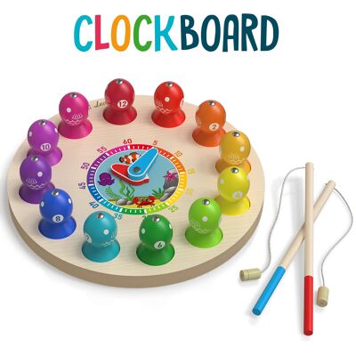 CLOCKBOARD: un giocattolo multifunzionale completo per scoprire la pesca, imparare a leggere l'ora e sviluppare le capacità motorie fine