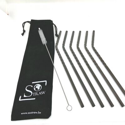 Set of 6 'Spiral' straws - Curved / Black