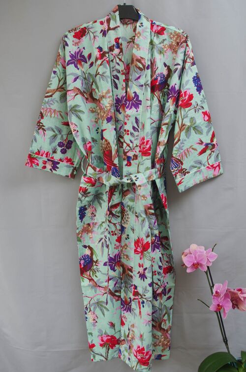 Pista Green Tropical Birds Print Long Cotton Kimono Gown