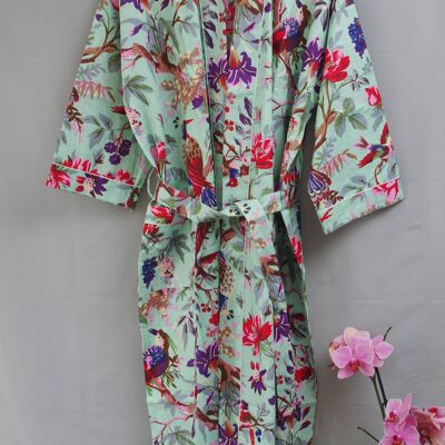 Pista Green Tropical Birds Print Long Cotton Kimono Gown