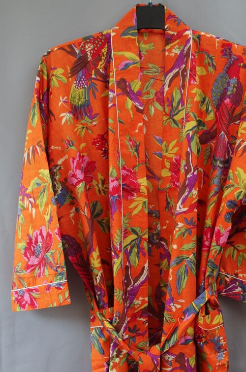 Orange Tropical Birds Print Long Cotton Kimono Robe