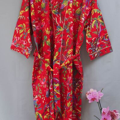Accappatoio kimono lungo in cotone rosso con uccelli tropicali