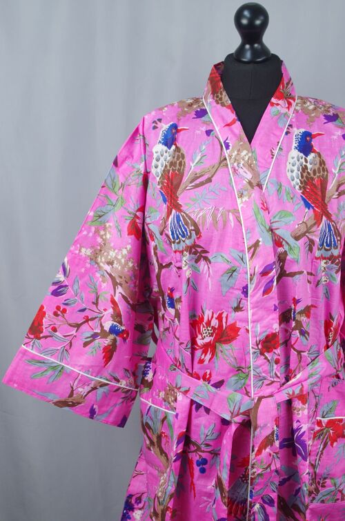 Pink Tropical Birds Long Cotton Kimono Robe
