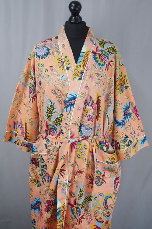 Peach Mukut Print Cotton Long Kimono Robe