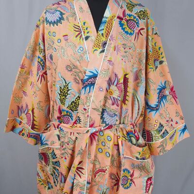 Lange Kimono-Robe aus Baumwolle mit Mukut-Print in Pfirsich