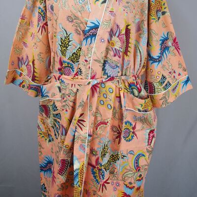 Robe longue kimono en coton à imprimé pêche Mukut