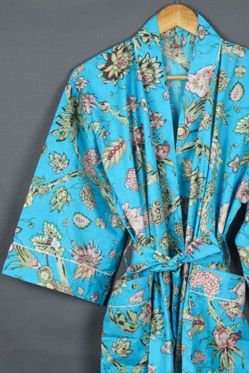 Wildflowers On Blue Base Long Cotton Kimono Robe