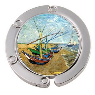 Colgador de bolsos con barcos de Van Gogh en la playa.