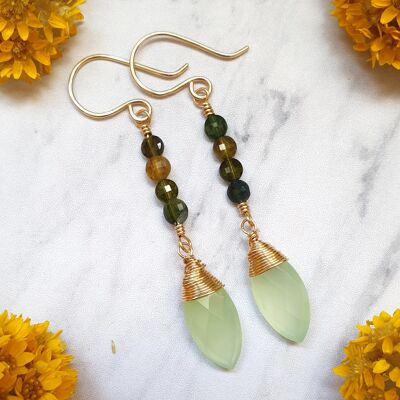 Gold Earrings with Chalcedony Gems and Tourmaline