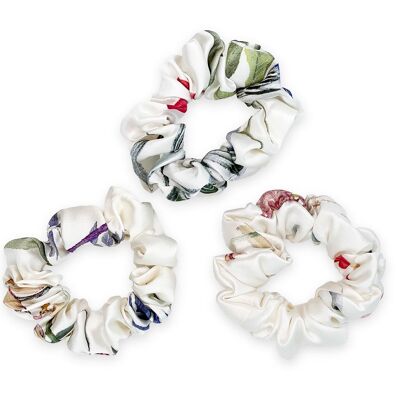 White with Botanical Print Silk Scrunchies Set