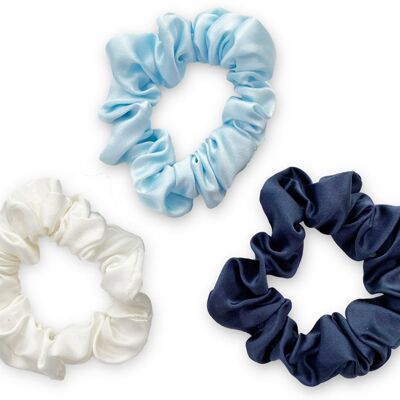 Midnight Blue / Ivory / Pastel Blue Silk Scrunchies Set