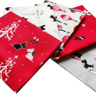 Red Scotty Dog Christmas Fabric 100% Cotton Fat Quarter Bundle 5pc. Xmas Fabric