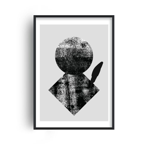 Graffiti Black and Grey Circle Leaf Print - A2 (42x59.4cm) - White Frame