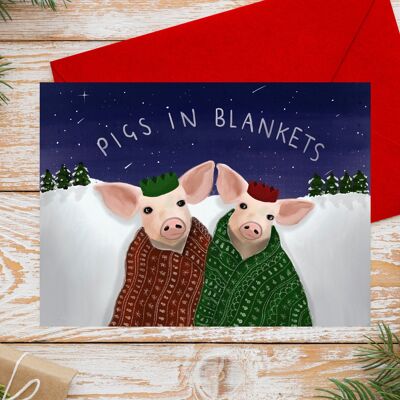 Tarjeta de Navidad vegana / vegetariana - Cerdos en mantas