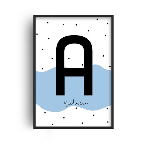 Personalised Name Polka Wave Blue Print - A4 (21x29.7cm) - Black Frame