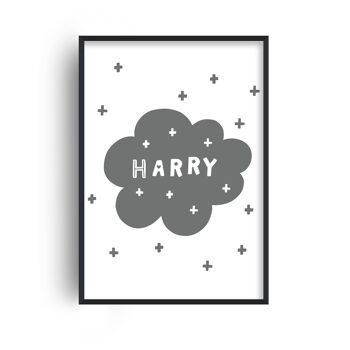 Nom personnalisé Super Scandi Cloud Grey Print - A2 (42x59,4cm) - Cadre noir 1