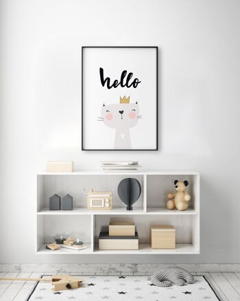 Impression Hello Cat - A2 (42x59,4cm) - Cadre Blanc 2