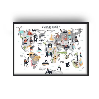 Animal World Map Print - A4 (21x29.7cm) - Black Frame