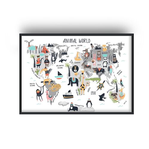 Animal World Map Print - 30x40inches/75x100cm - Black Frame
