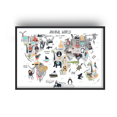 Animal World Map Print - 30x40inches/75x100cm - White Frame