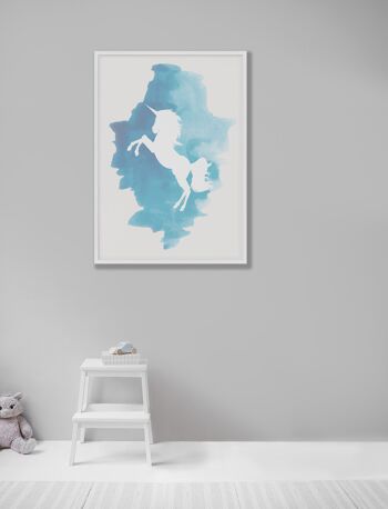 Licorne Aquarelle Bleu Imprimé - 30x40 pouces/75x100cm - Cadre Blanc 2