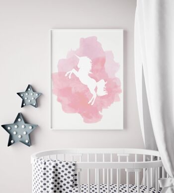 Licorne Aquarelle Rose Print - A4 (21x29.7cm) - Cadre Noir 2