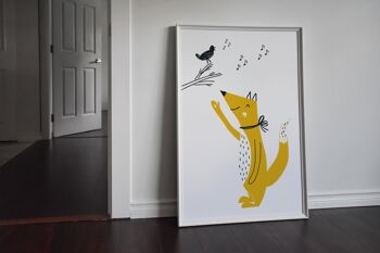 Renard et Oiseaux Animal Pop Print - A3 (29,7x42cm) - Cadre Noir 2