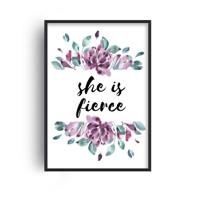 She is Fierce Purple Floral Print - A2 (42x59.4cm) - Black Frame