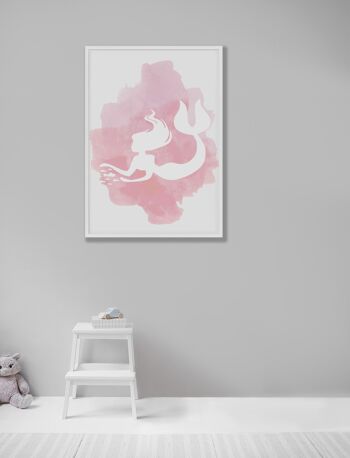 Impression aquarelle rose sirène - A4 (21x29,7 cm) - cadre blanc 2