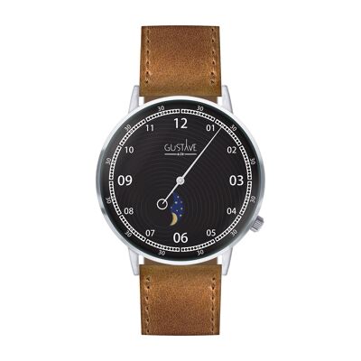 Georges Moon Phase watch Silver and black - Brown leather strap with stitching