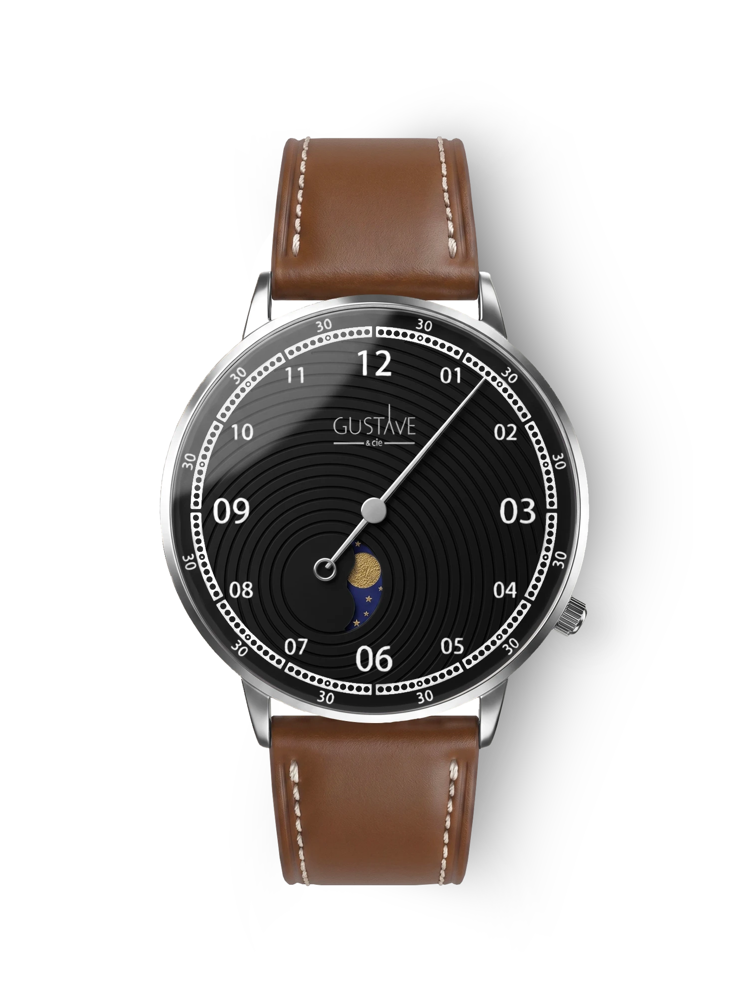 Georges 12H Uhr, silber-schwarz, mit braunem, genähtem Lederarmband